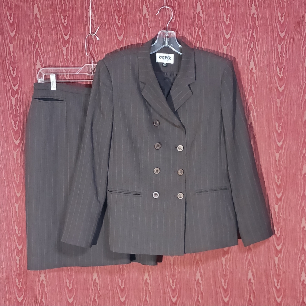 KASPER A.S.L PETITE 2 Piece Long Sleeve Brown Pin Striped Skirt Women Sz 10P